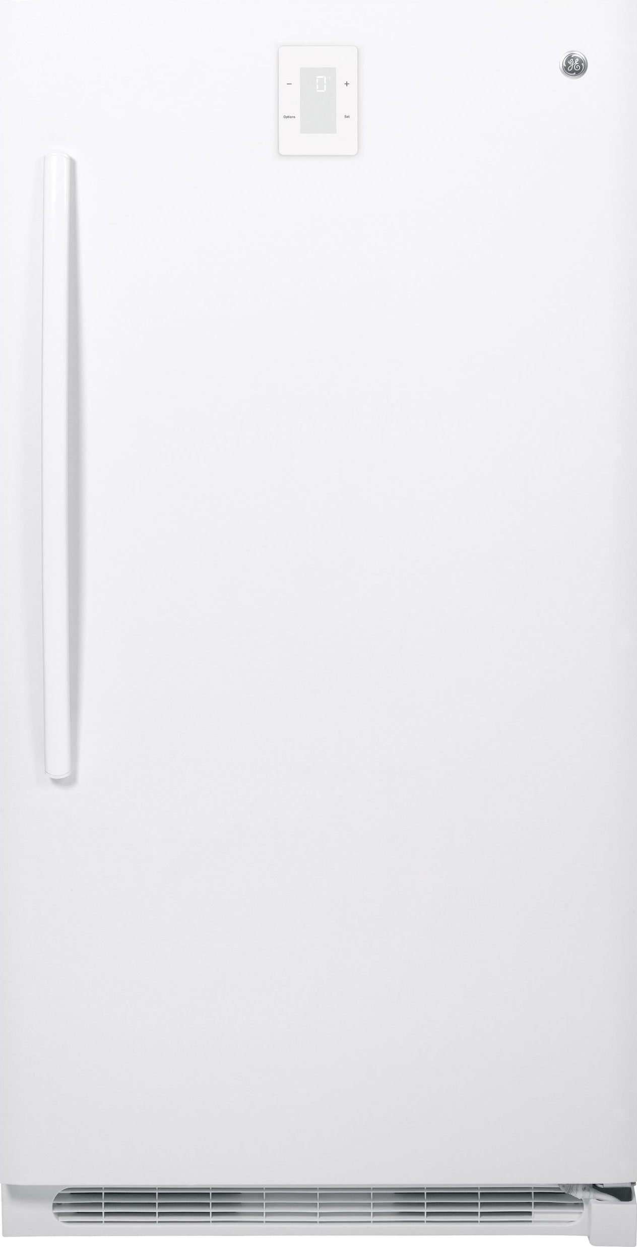 White upright frost-free freezer with digital temperature control and long vertical handle in appliances collection