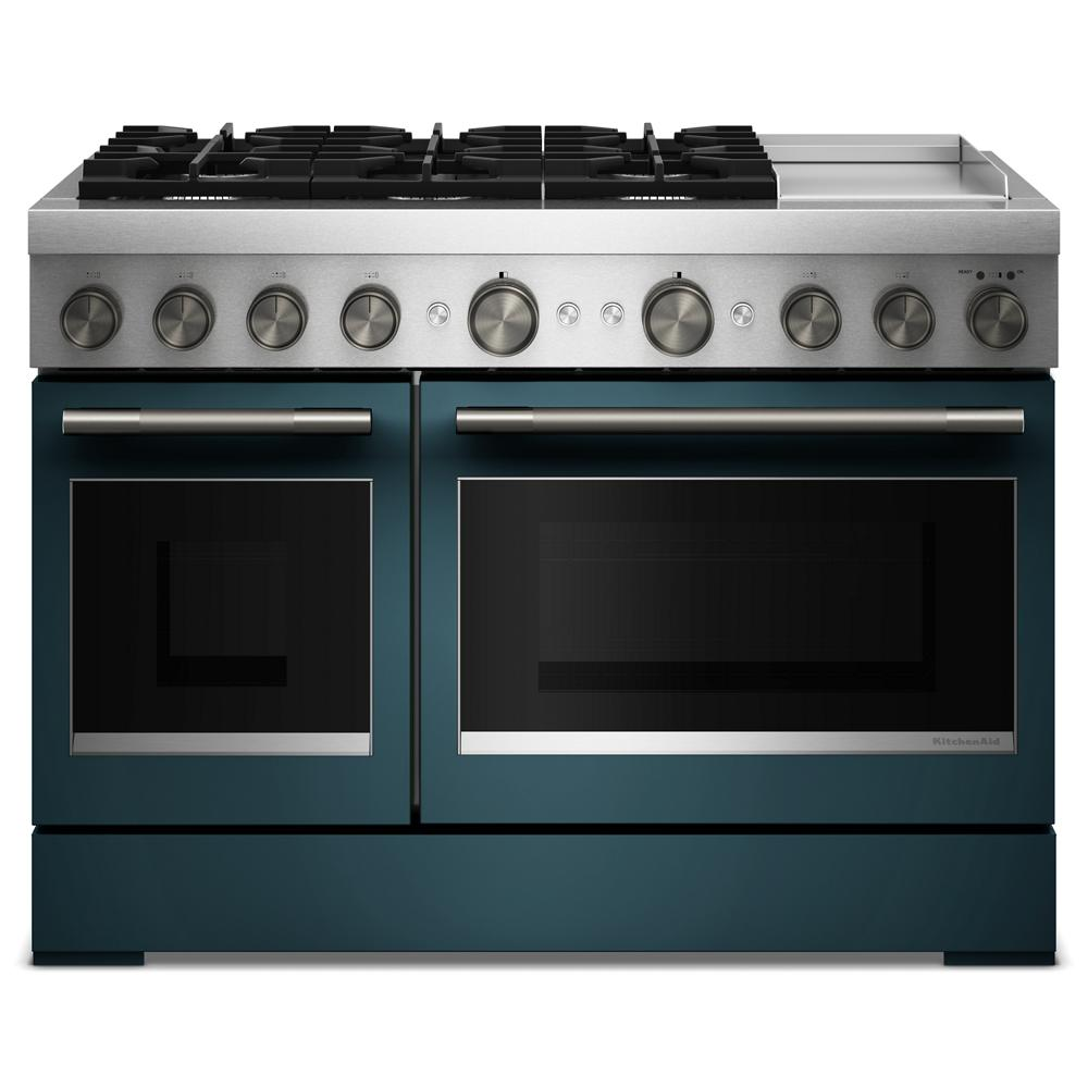 Blue dual fuel 48-inch range with six gas burners, electric griddle, and double ovens from KitchenAid Appliances collection
