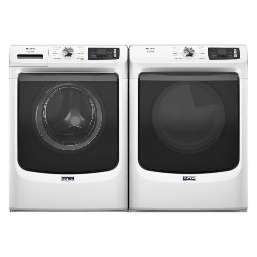 Pair of white front-load washer and electric dryer with matching control panels from washers and dryers collection