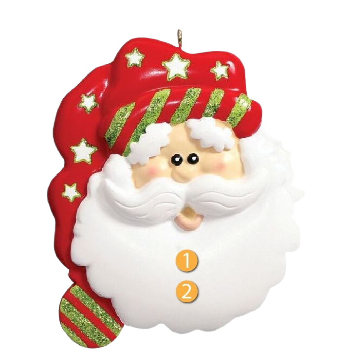 Personalized Santa face ornament with red hat decorated with green glitter stars, festive Christmas tree decoration under $50