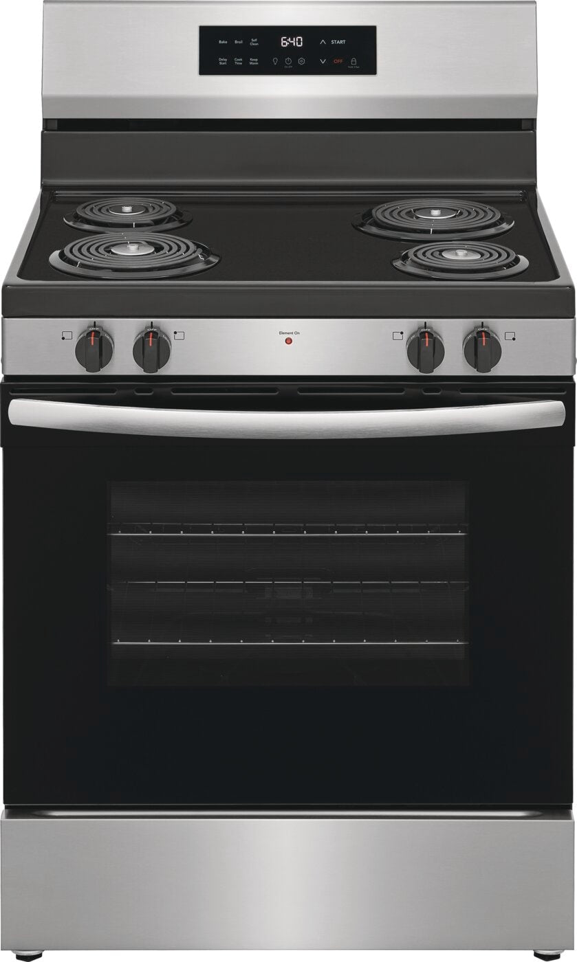 freestanding electric range with coil burners, digital display, and stainless steel finish in kitchen appliances collection