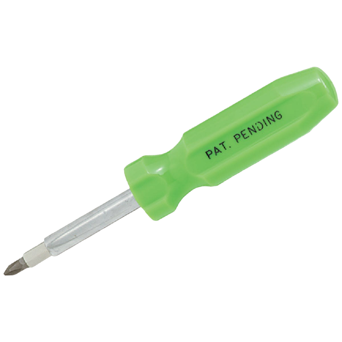 Green-handled multi-bit screwdriver with chrome-plated shaft for fastening tasks in hand tools and woodworking collections