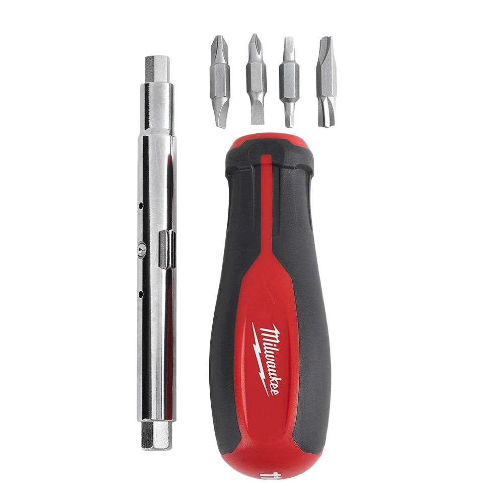 Compact red and black Milwaukee hand tool screwdriver with multiple bits for fastening in woodworking and home improvement tasks