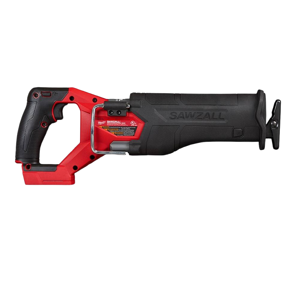 Side profile of red and black Milwaukee M18 FUEL SAWZALL reciprocating saw for woodworking and power tool use