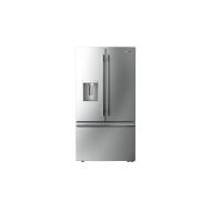 Stainless steel French door refrigerator with bottom freezer and built-in exterior water and ice dispenser in kitchen appliances collection