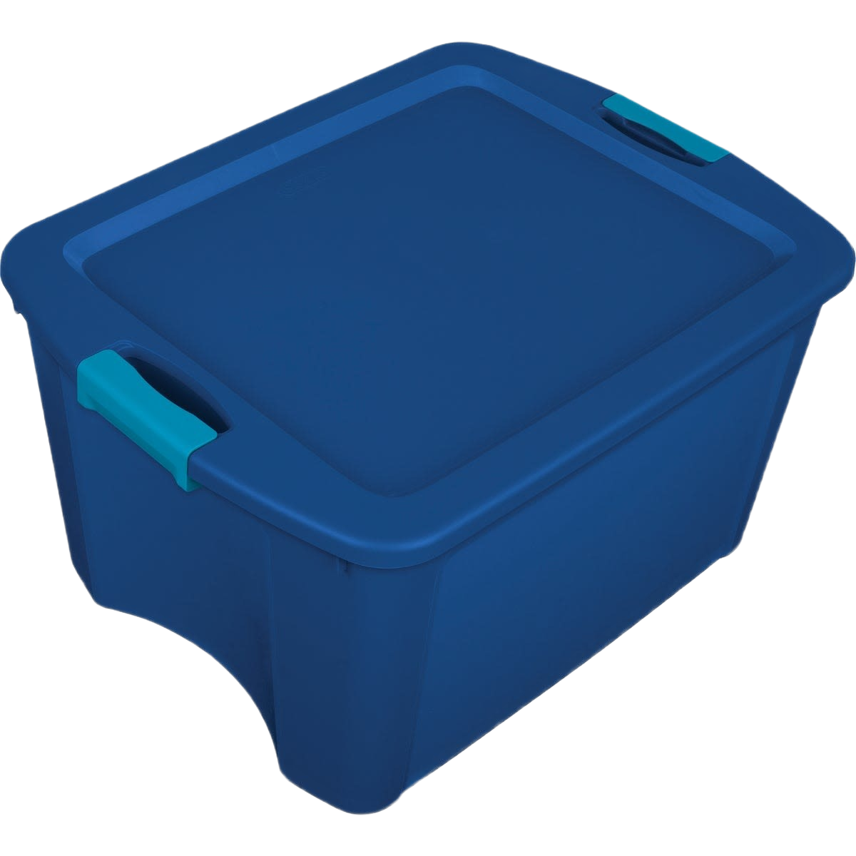 Blue plastic storage tote with secure latches and carry handles for organizing and dorm storage under $50