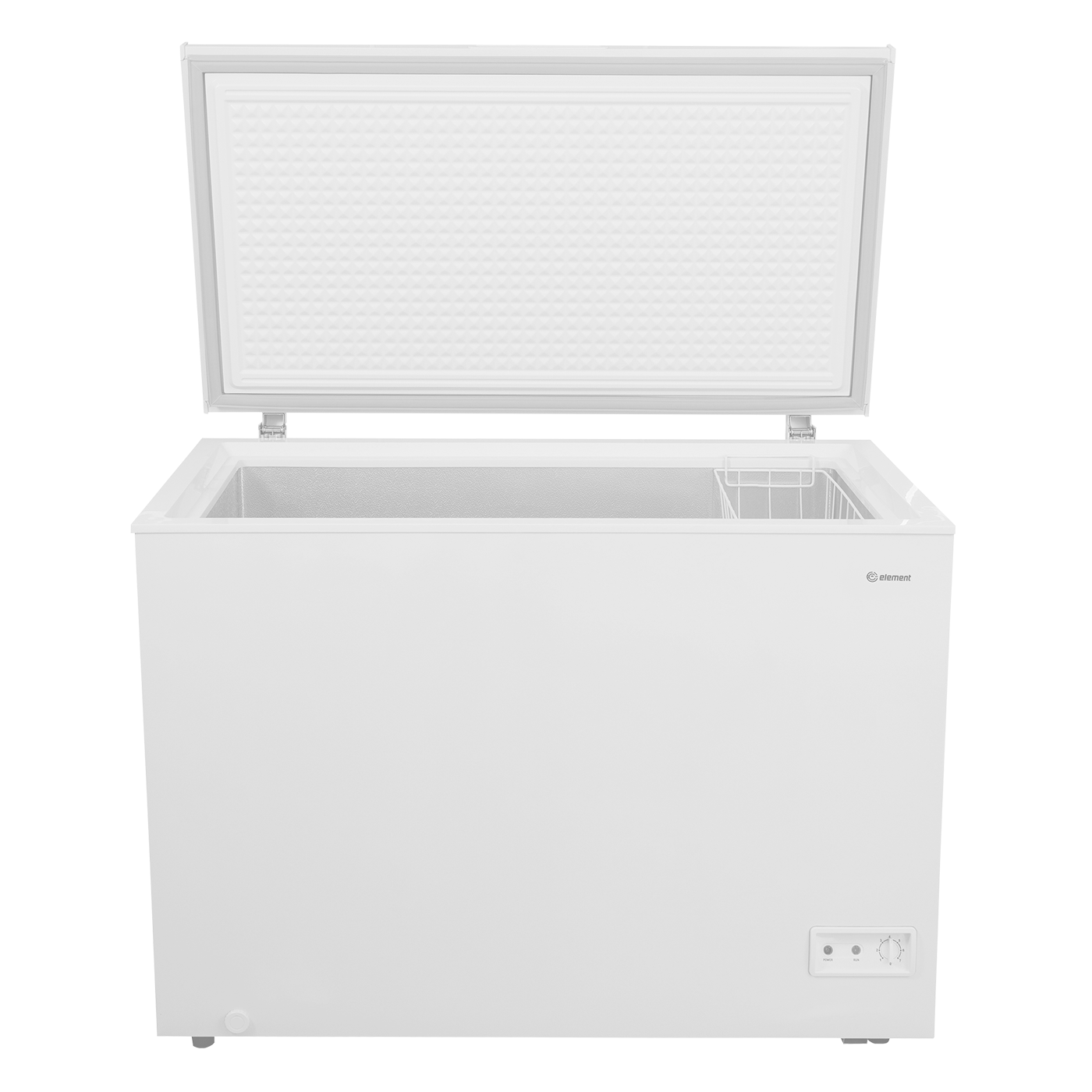White chest freezer with open lid, temperature control dial, and interior basket in Freezers & Ice Makers collection
