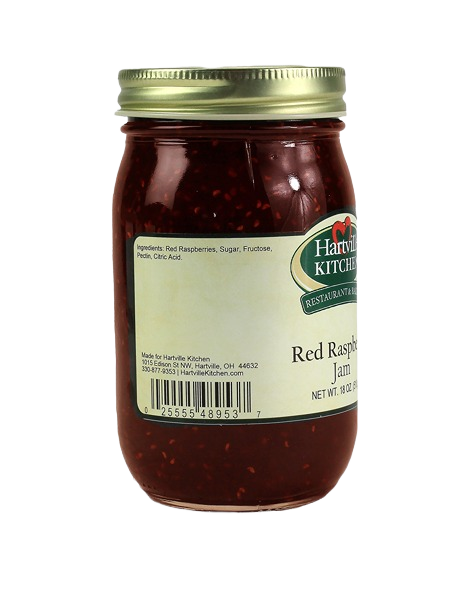 Glass jar of Hartville Kitchen red raspberry jam with gold lid in jams and jellies and food & beverage collections