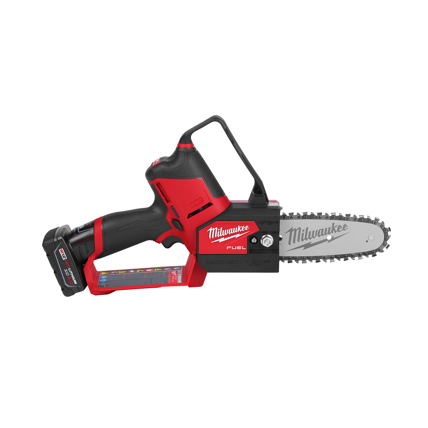 Cordless pruning saw with red and black body, ergonomic grip, and 6-inch sharp chain blade for home improvement tools use