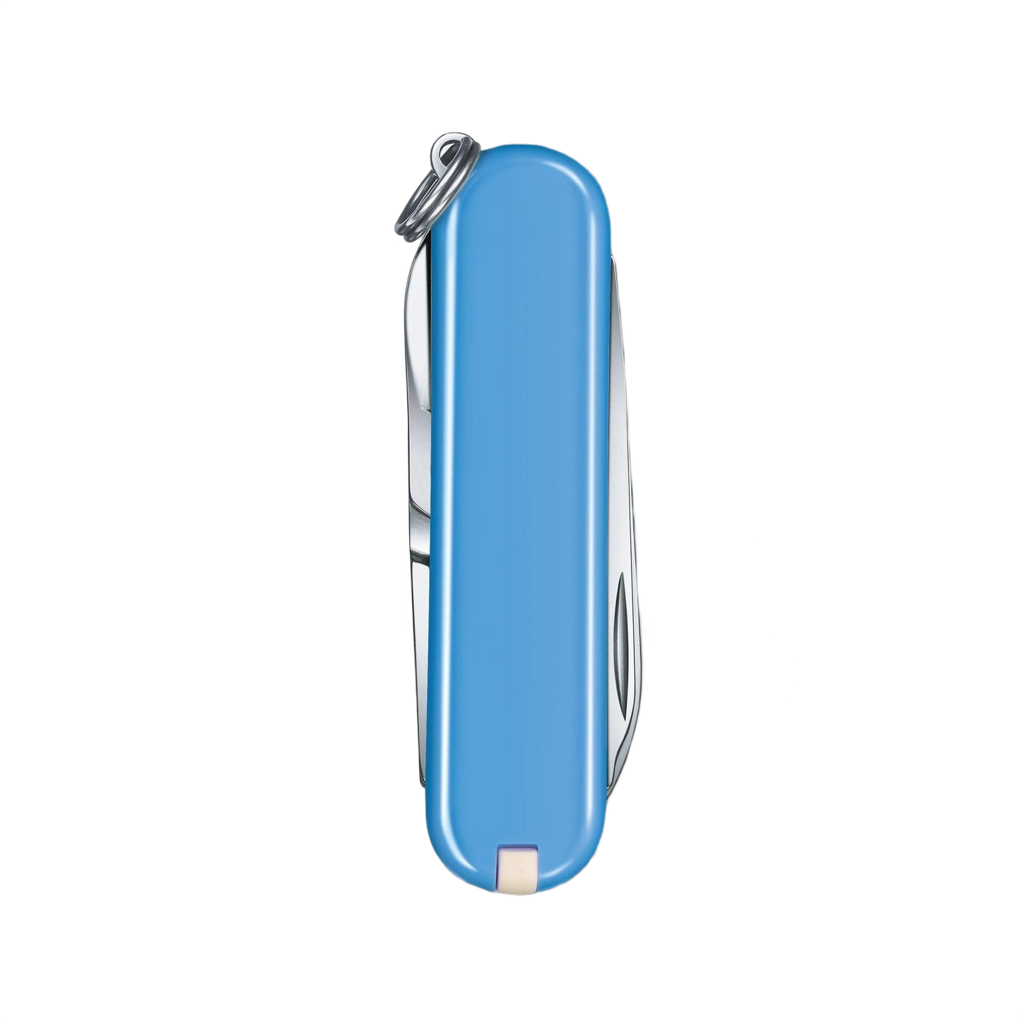 Compact light blue Swiss Army pocket knife with small blade, nail file, and keyring for everyday tools and home use