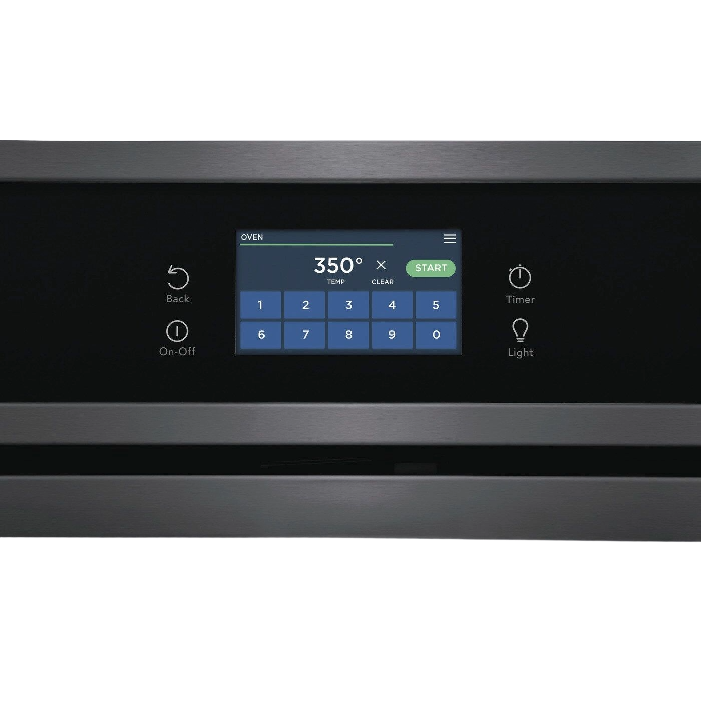 Digital control panel on a stainless steel wall oven displaying temperature settings in a modern kitchen appliances collection