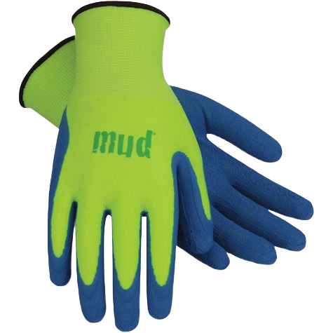 Large lime green and blue latex coated women's garden gloves for work and safety under fifty dollars category