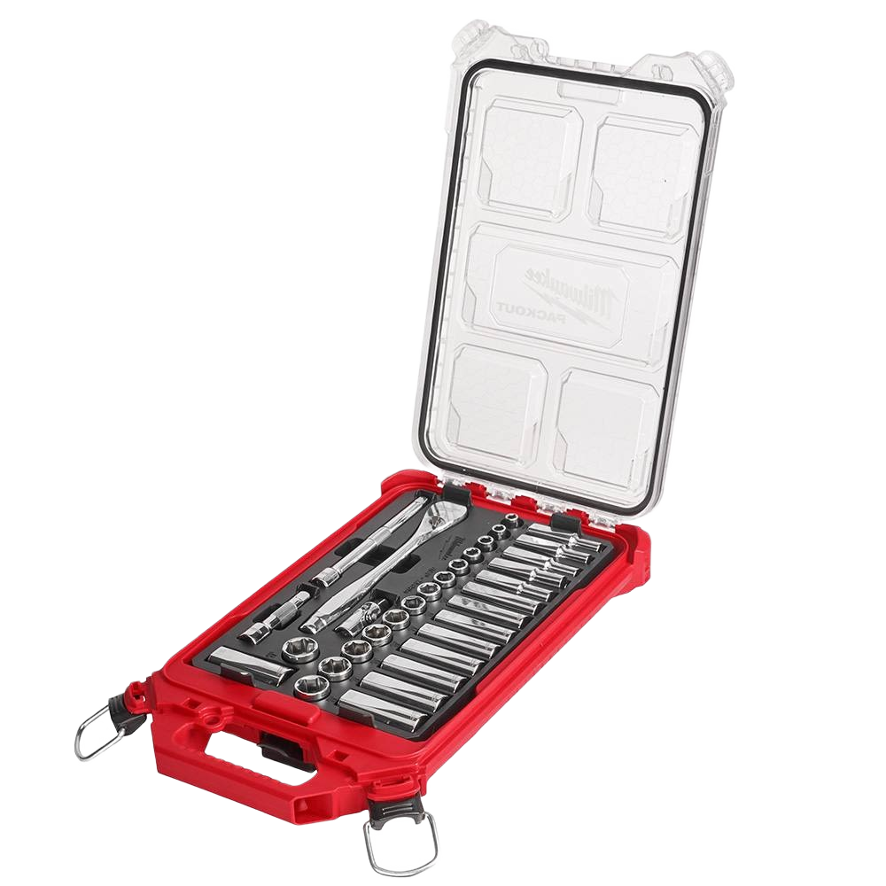 Red low-profile PACKOUT case with metric ratchets and sockets organized for woodworking and home improvement tools