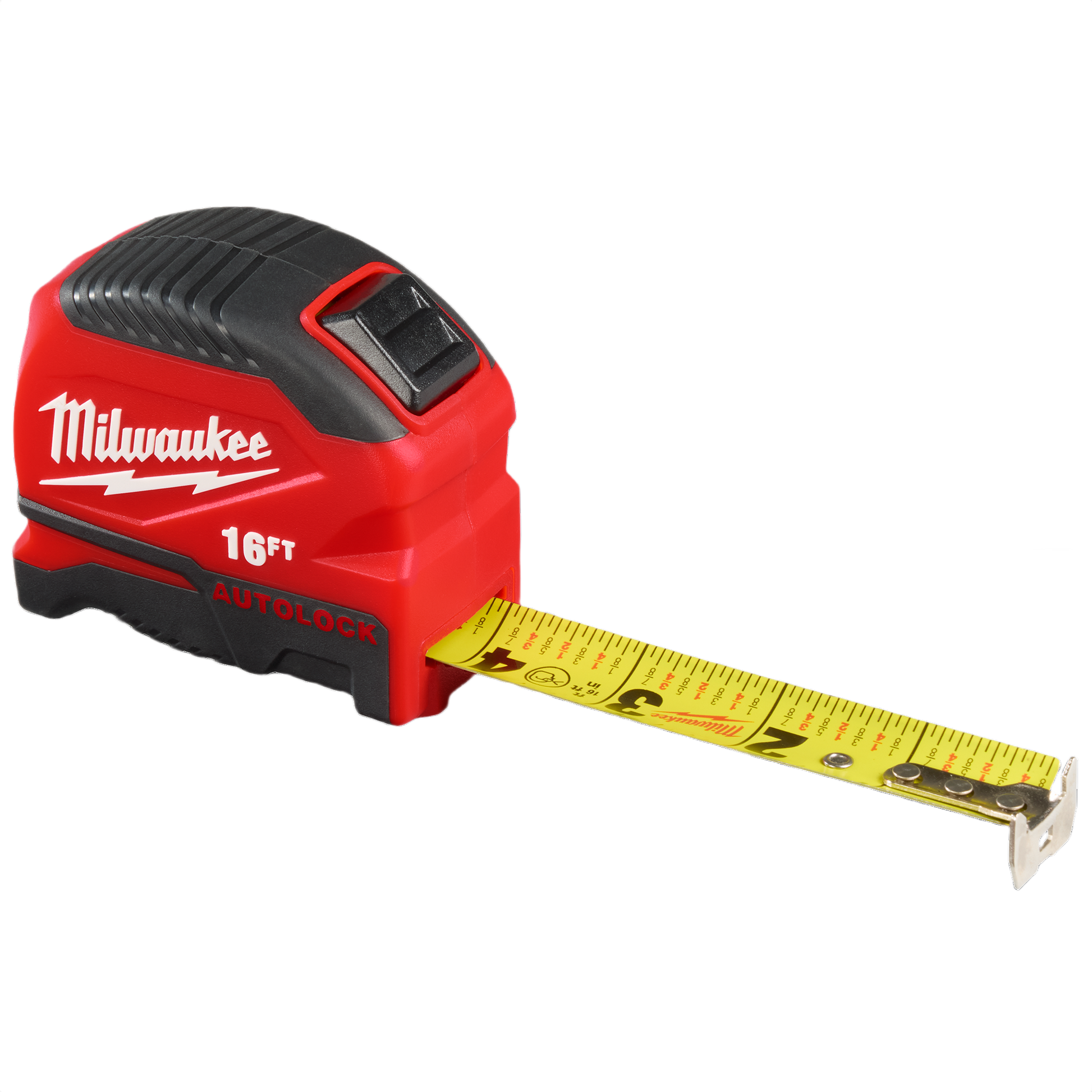 Red and black compact measuring tape with yellow blade and auto-lock for woodworking and home improvement tools under $50