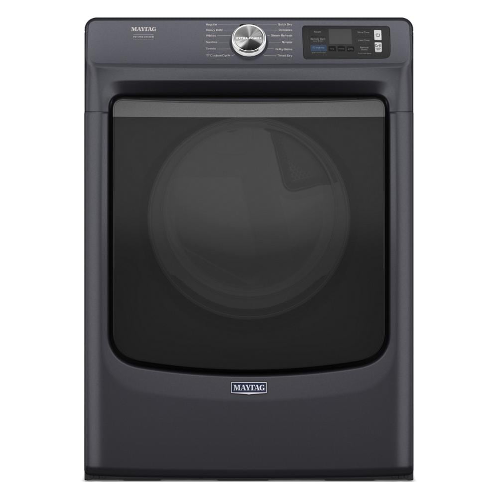 Dark gray front load electric dryer with digital controls and large tinted door from electric dryers collection