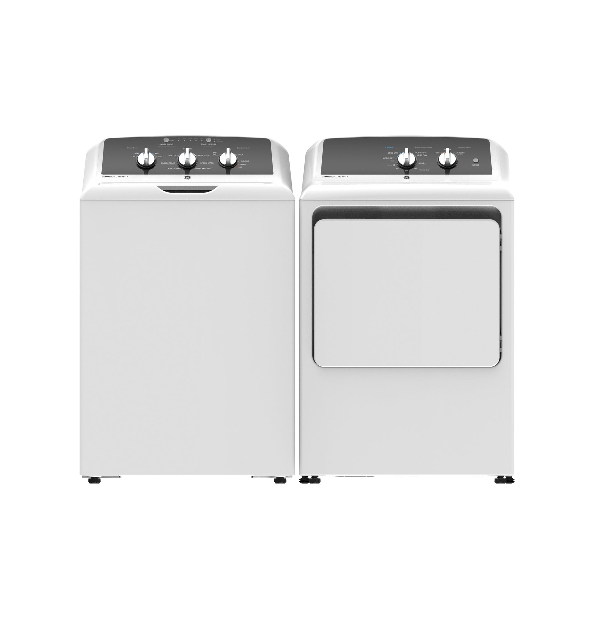 White top-load washer and front-load dryer set with black control panels and rotary knobs for home laundry use