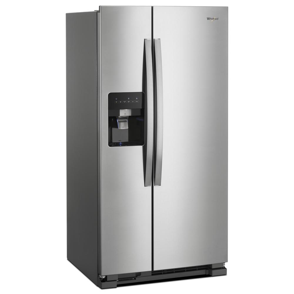Stainless steel side-by-side refrigerator with built-in water and ice dispenser in appliances and kitchenware collections