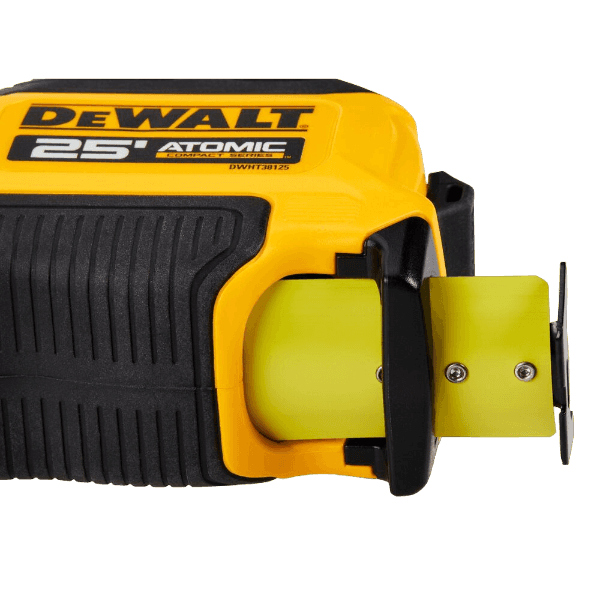 Yellow and black compact tape measure with 25-foot length for woodworking and home improvement hand tool collections