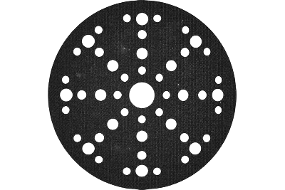 Black circular interface sander backing pad with multiple ventilation holes for tools and home improvement use