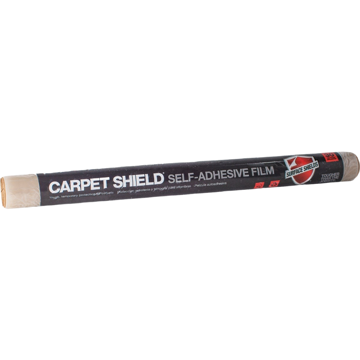 Roll of clear self-adhesive protective film designed for carpets during home improvement projects and renovations