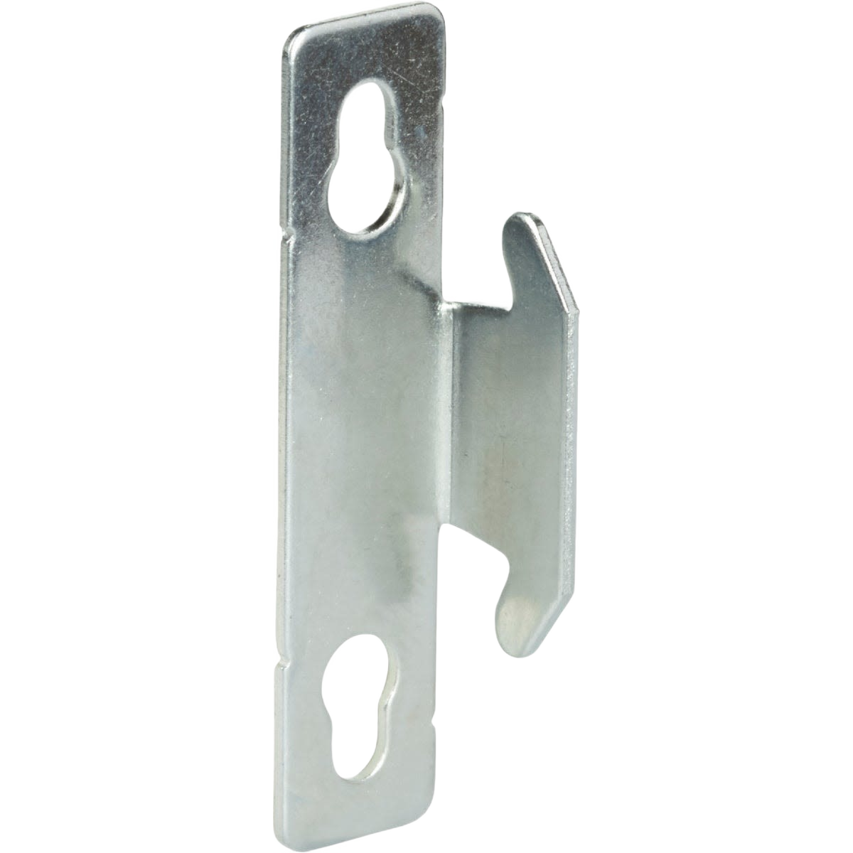 Silver metal bracket with keyhole mounting slots for securing single curtain rods in home improvement projects