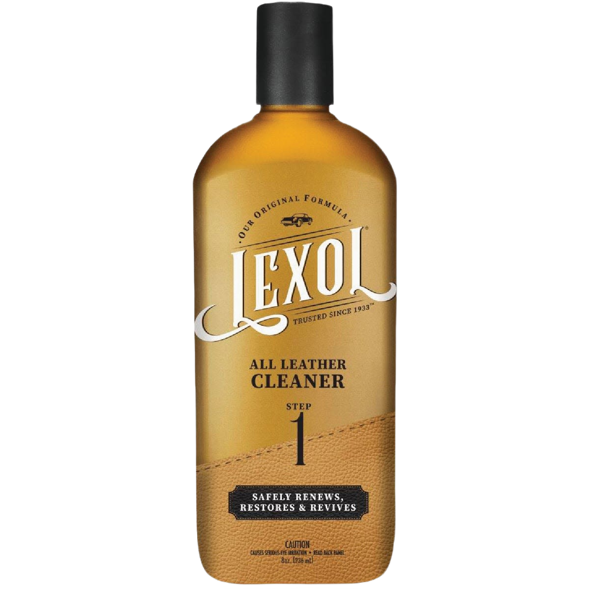 Amber bottle of Lexol leather cleaner with black cap for automotive and home leather care under $50 collection