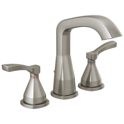 Two-handle widespread bathroom faucet in stainless steel finish for modern bathroom and plumbing upgrades