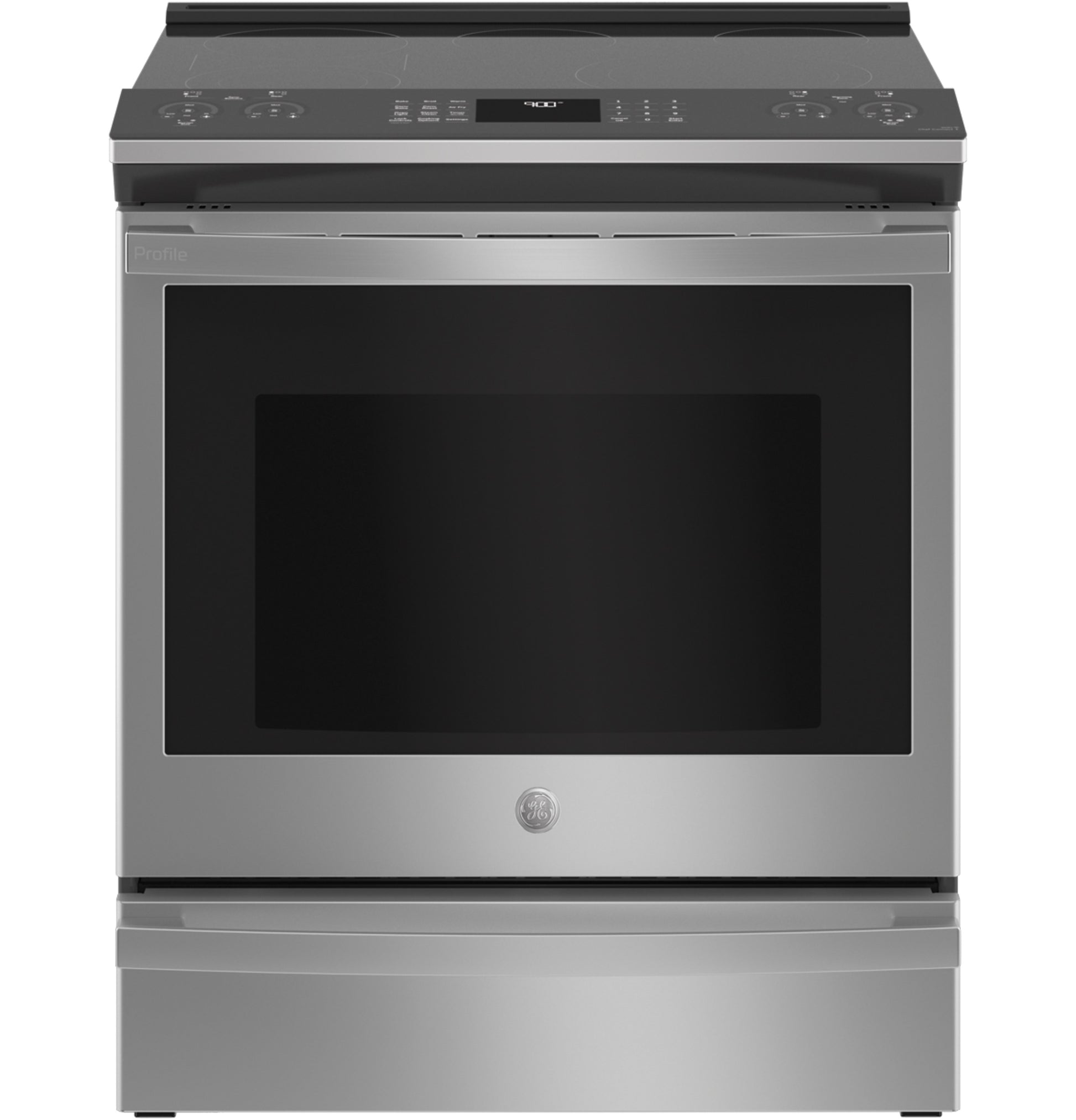 Fingerprint resistant steel smart slide-in electric range with large oven window and digital touch controls