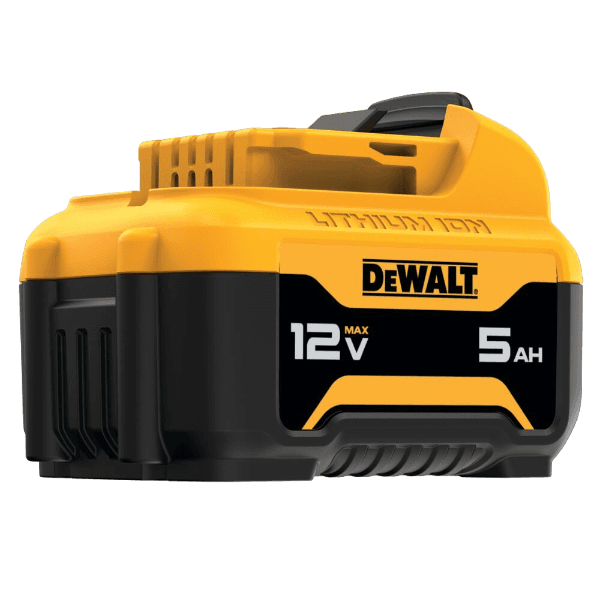 Yellow and black 12V MAX compact rechargeable lithium ion battery pack with 5Ah capacity for tools and home improvement use