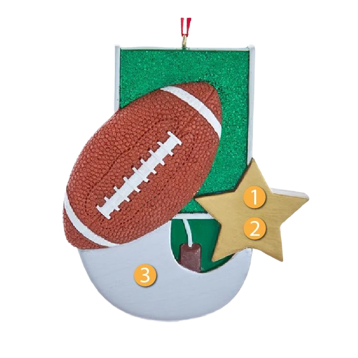 Brown football ornament with white laces, gold star accent, and green goalpost background for holiday display