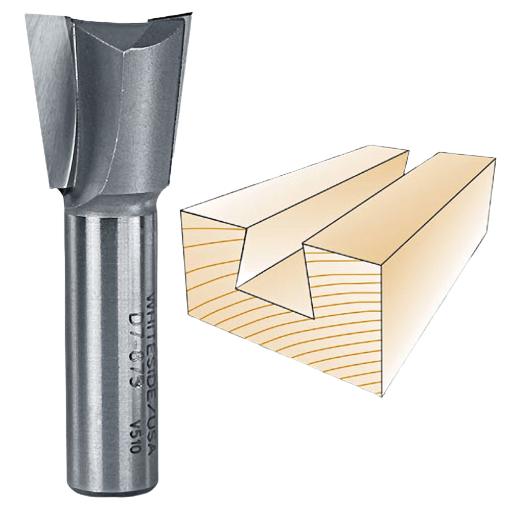 Solid carbide dovetail bit with two flutes for precise woodworking joints in stair tread and tool accessory projects