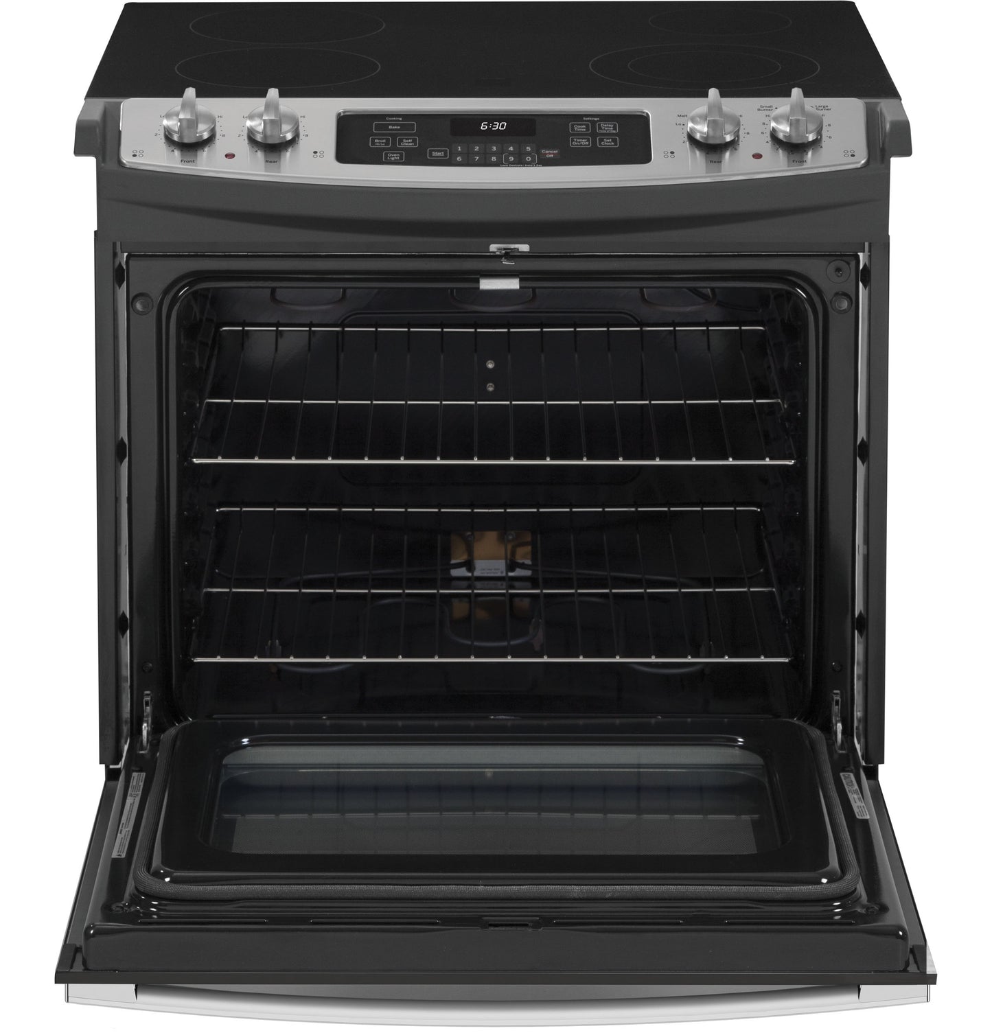 Black and stainless steel drop-in electric range with open oven door and dual oven racks in kitchen appliances collection