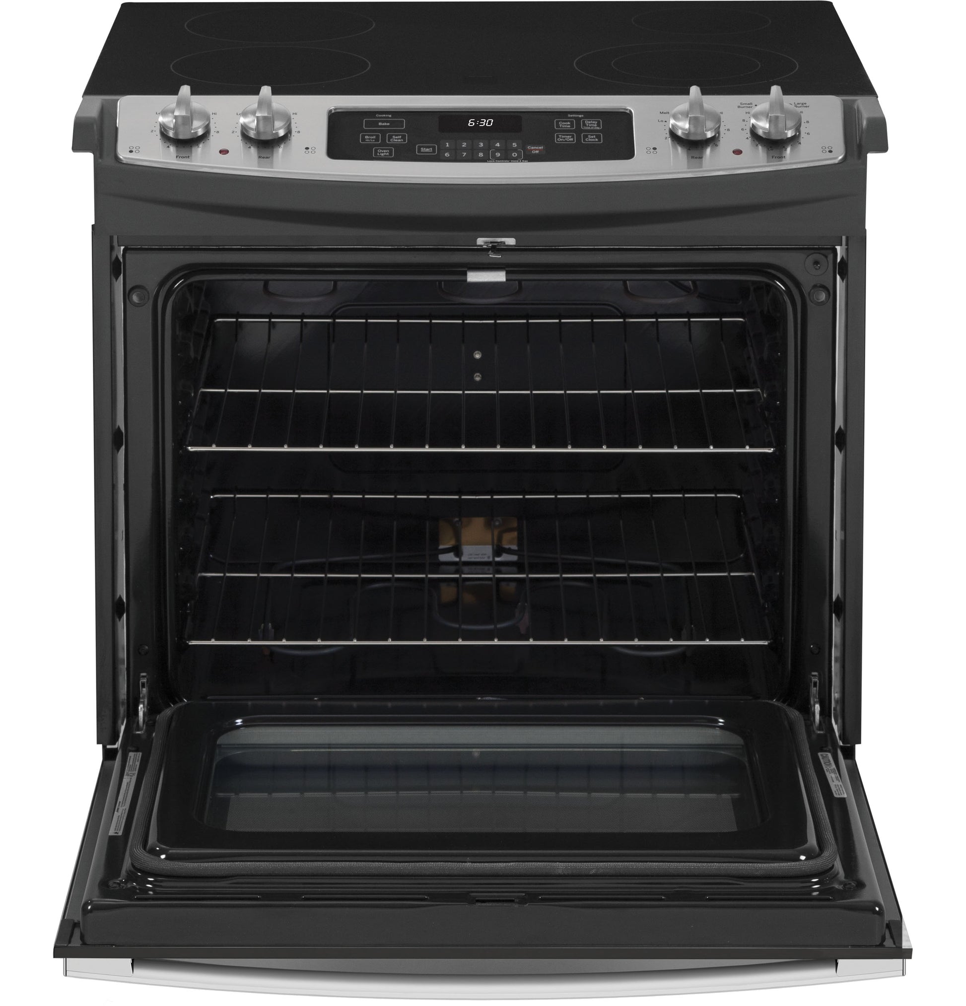 Black and stainless steel drop-in electric range with open oven door and dual oven racks in kitchen appliances collection