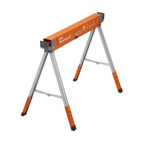 Orange and silver adjustable metal sawhorse stand with sturdy legs for tools and home improvement projects