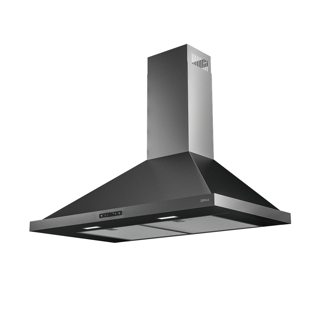 black stainless steel chimney hood with LED lighting and controls in Over the Range Hoods and Kitchen & Kitchenware collections