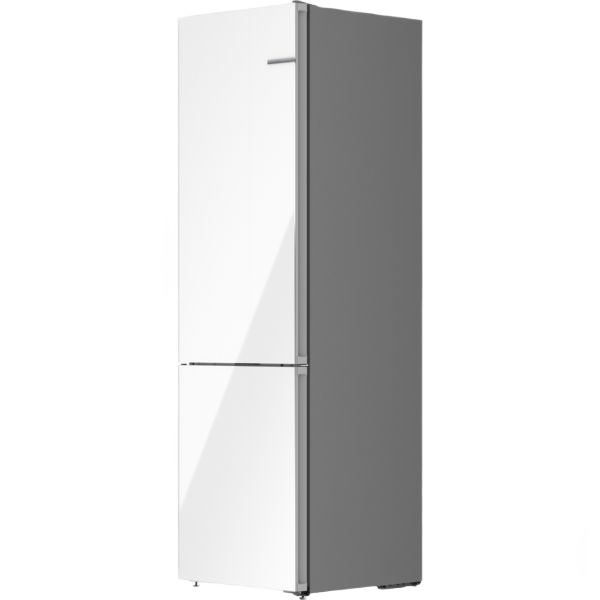 Free-standing fridge-freezer with bottom freezer in white glass finish, ideal for modern kitchen appliances collection