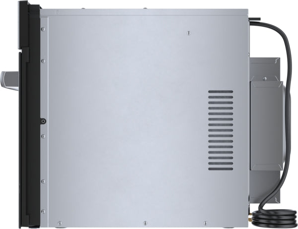 Side view of stainless steel built-in speed oven with vent panel and power cord from Bosch wall ovens collection