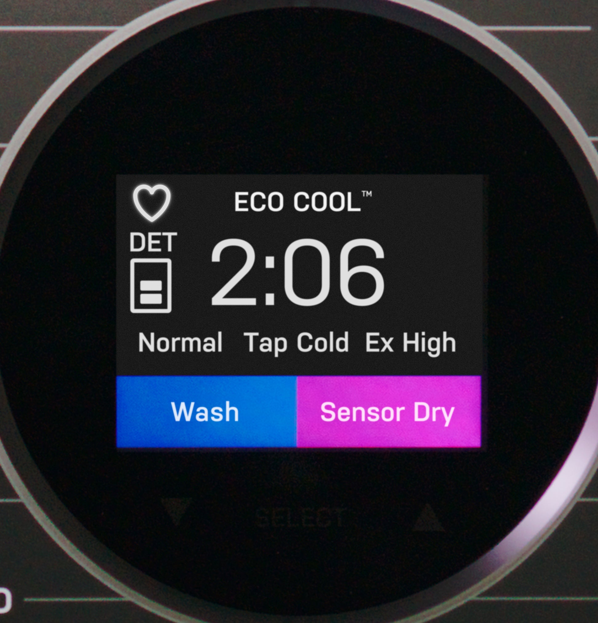 Digital control panel showing Eco Cool cycle and sensor dry option on front load washer/dryer combo display.