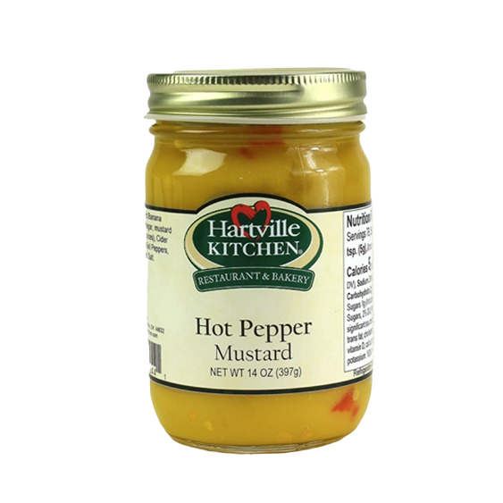14 oz jar of Hartville Kitchen hot pepper mustard in condiments and sauces collection under $25