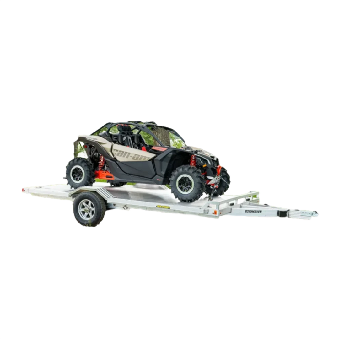 Aluminum wide body trailer loaded with off-road vehicle for durable utility and home improvement use