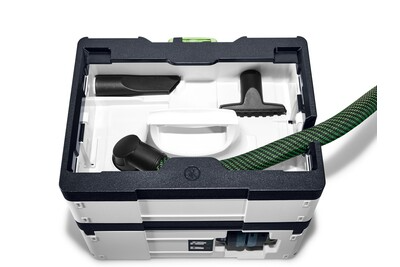 Cordless mobile dust extractor with green hose and accessories for dust collection in woodworking and home improvement tools collection
