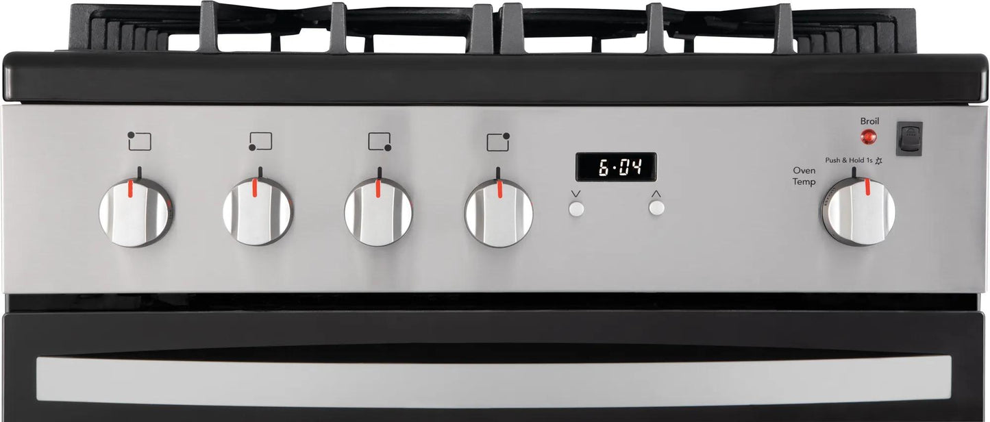 24-inch front control freestanding gas range with stainless steel finish, digital clock, and continuous grates in Ranges collection