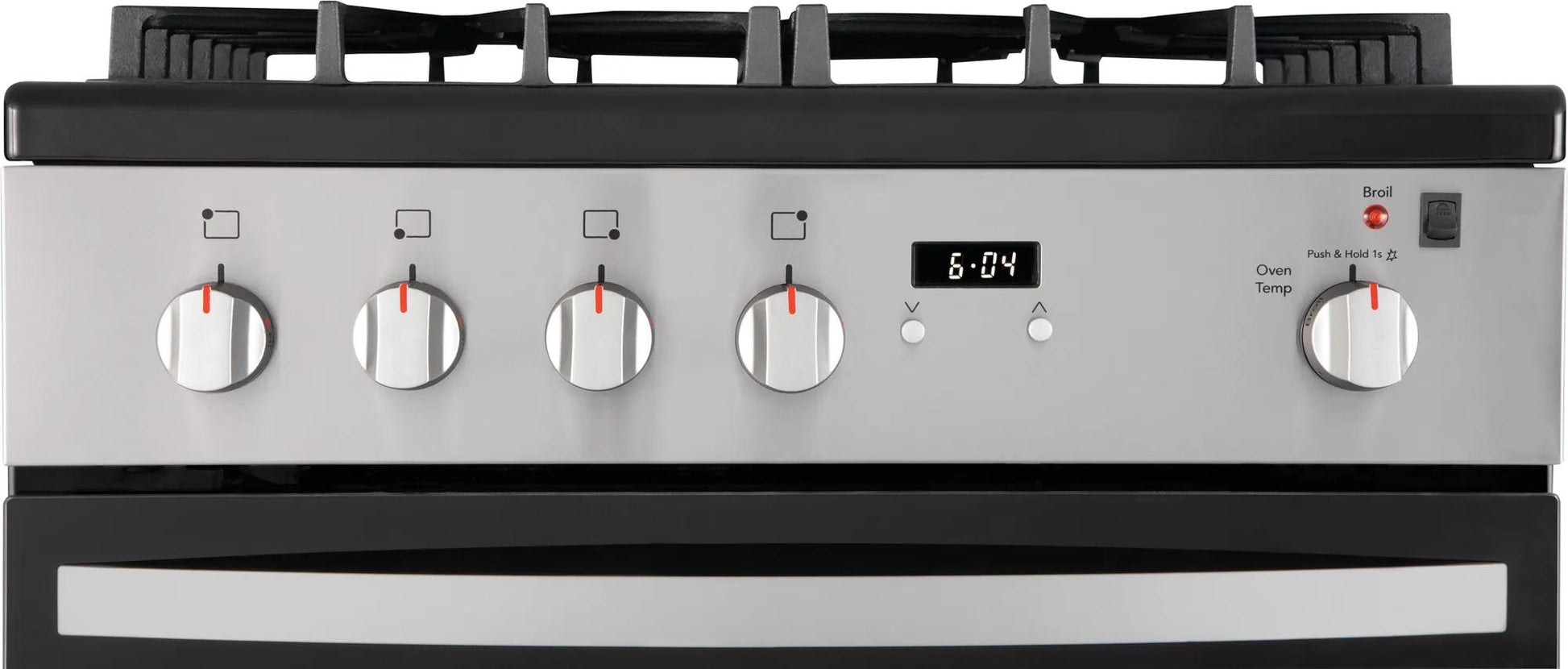 24-inch front control freestanding gas range with stainless steel finish, digital clock, and continuous grates in Ranges collection