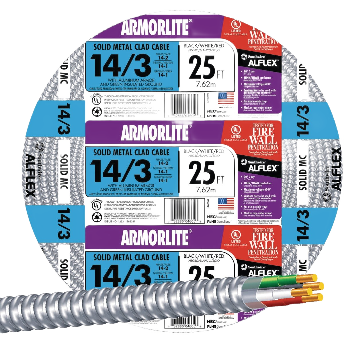 Aluminum armored cable roll with 14/3 gauge wire for electrical use in wire and armored wire collections under $100