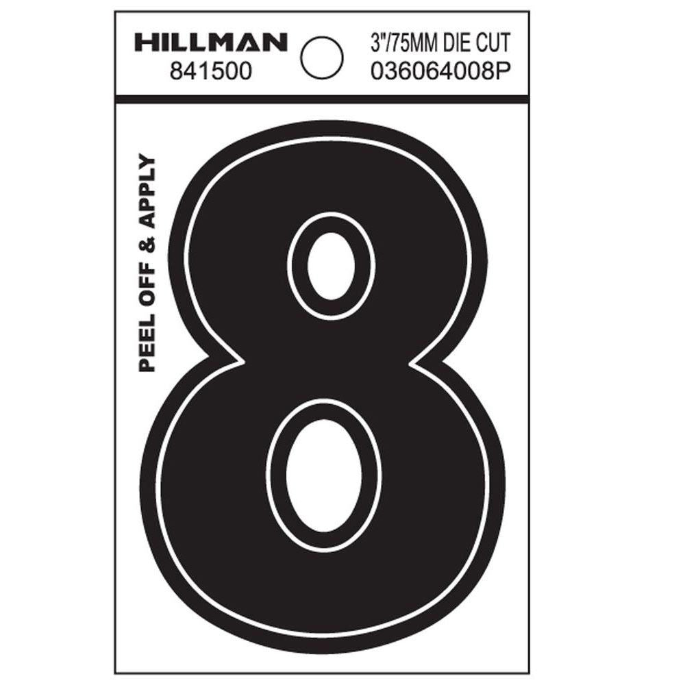 Black adhesive house number 8 with white outline, durable vinyl for outdoor use in hardware and home improvement collections