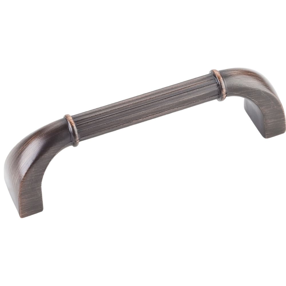 Brushed oil rubbed bronze cabinet pull handle with curved ends and subtle ribbed detailing for home improvement projects