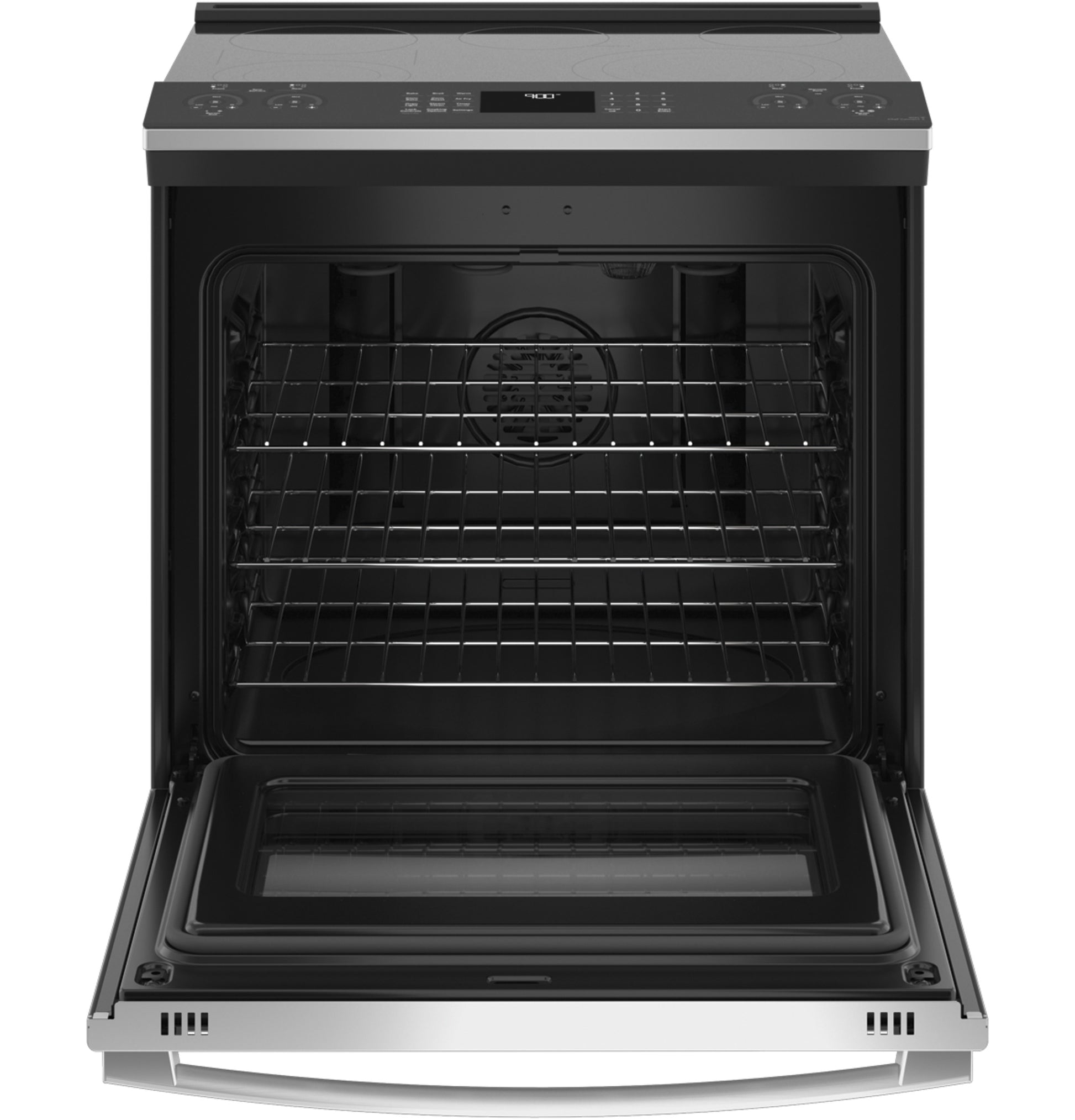 Open smart slide-in electric range with convection oven and digital controls, part of kitchen appliances and ranges collection