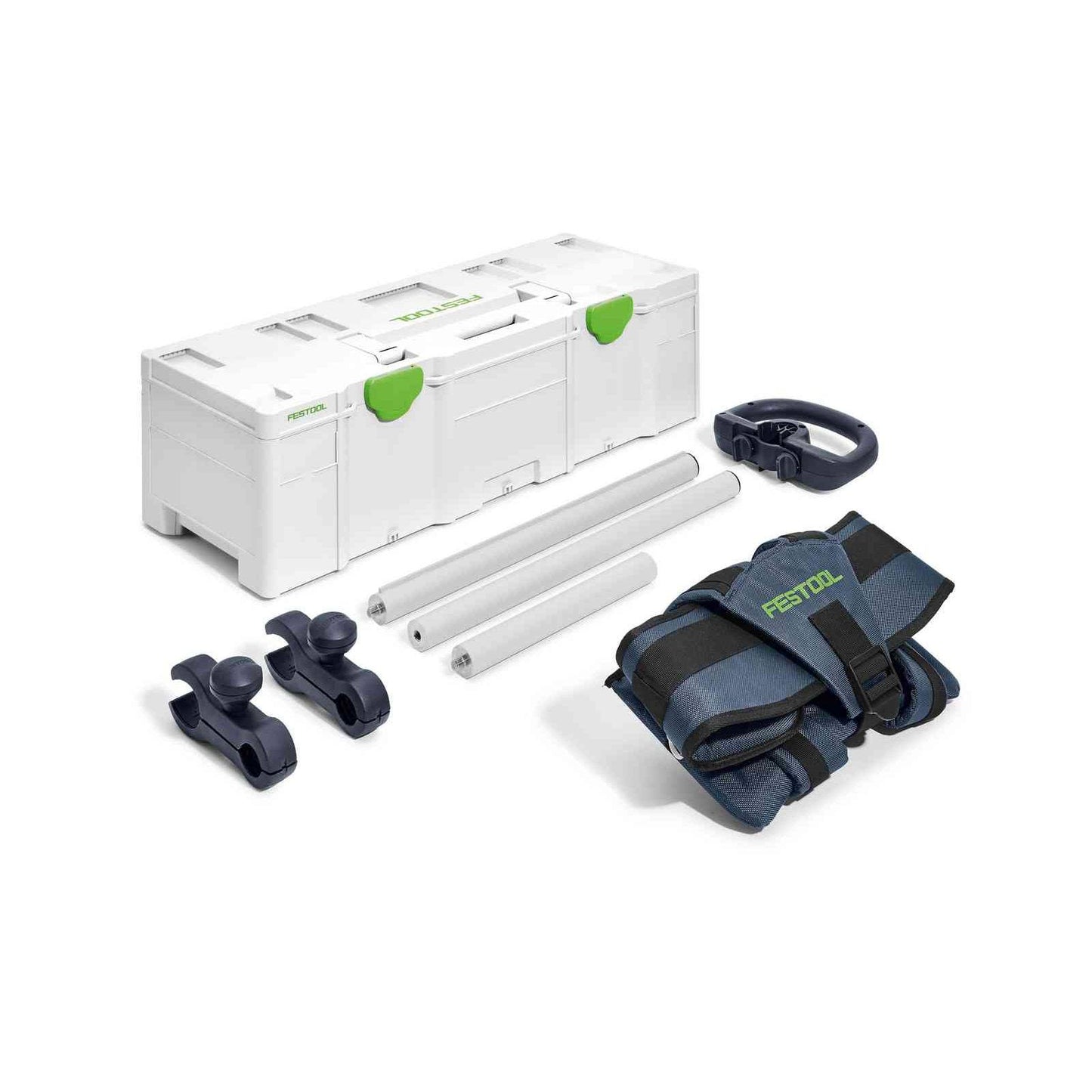 White modular storage box with green latches and adjustable dark blue support harness parts in tool accessories collection