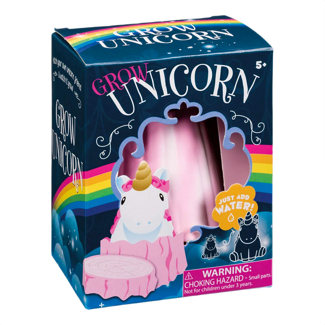 Small grow-your-own unicorn kit in decorative box with rainbow design and water activation instructions