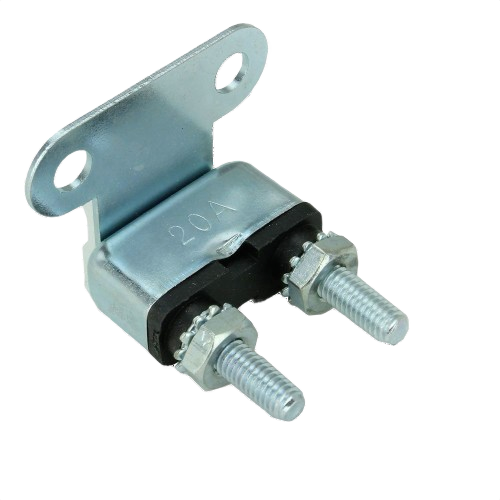 20 amp metal circuit breaker with mounting bracket and dual threaded terminals for tools and home improvement projects